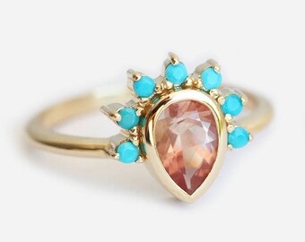 Pear Oregon Sunstone Ring with Turquoise, Boho Engagement Ring, Pear Sunstone Engagement Ring