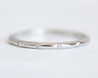 Thin White Gold Diamond Band available in 14k 18k Gold, Women's Wedding Ring with 4 Diamonds