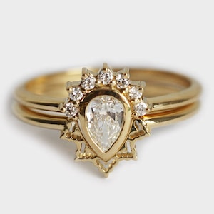 Pear Diamond Engagement Ring or Wedding Set with Lace Curved V Band, 18k Solid Gold or Platinum image 1