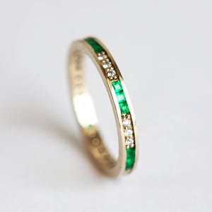 Channel Wedding Band with Emeralds and diamonds, Unique Emerald diamond wedding ring