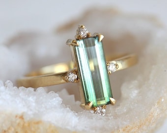 Watermelon tourmaline ring, Green blue engagement ring, Gold baguette bicolor ring