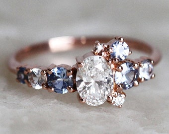 Oval Diamond Engagement Ring,Rose Gold Blue Sapphire Diamond Ring, Modern Cluster Ring with 0.6ct Diamond, GIA