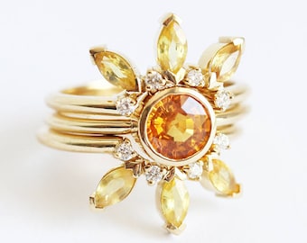 Yellow sapphire & diamond set, Butterfly engagement ring, Unique sun set, Alternative wedding set