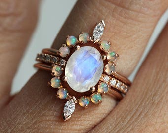 Moonstone engagement ring set, Opal wedding ring set, Dream moonstone ring, Rose gold rainbow ring