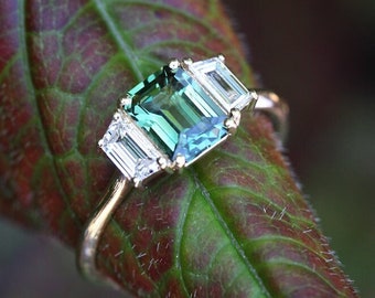 Green emerald cut sapphire ring, three stone sapphire ring art deco, Radiant teal sapphire engagement ring