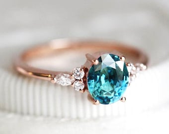 Oval teal sapphire cluster ring, unique Sapphire engagement ring, blue green sapphire, oval engagement ring with side diamonds
