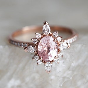Oval Peach Pink Sapphire & Diamond Ring 14k or 18k Solid Gold - Etsy