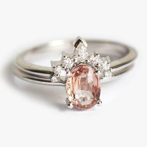 Natural Peach Sapphire Ring Set, Oval Sapphire Solitaire with Diamond Wedding Band