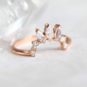 Moonstone and Diamond Wedding Band, Diamond Moonstone Ring, Crown Diamond Ring, Bohemian Wedding Ring