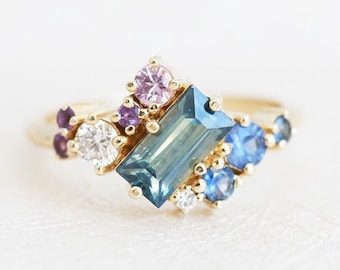 Blue cluster engagement ring, Teal sapphire ring, Baguette gemstone ring, Multicolor ring