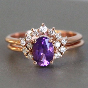 Amethyst engagement ring set, Purple gemstone ring, Diamond wedding set, Bridal nesting set