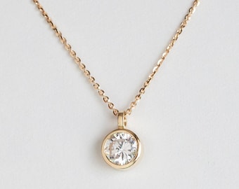Round Diamond Necklace, Half Carat Diamond Diamond Solitaire Necklace, 14k or 18k Solid Gold with 0.5 Carat GIA Diamond Necklace