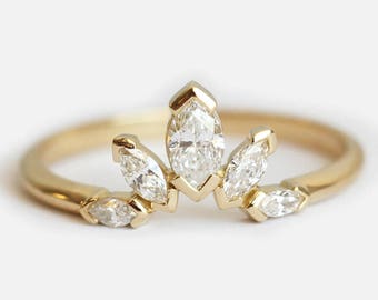 Marquise diamond ring, Crown wedding band, Delicate curved ring, Nesting leaf band, Floral ring