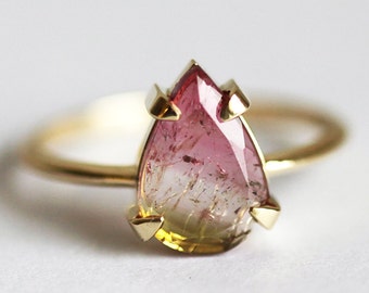 Watermelon tourmaline ring, Pink gemstone engagement ring, Unique pear or oval bicolor solitaire ring