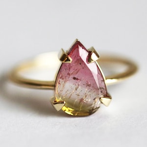 Watermelon tourmaline ring, Pink gemstone engagement ring, Unique pear or oval bicolor solitaire ring