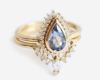 Blue Sapphire Engagement Ring Set with Stacking Diamond Ring, 18k Yellow Gold Wedding set