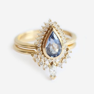 Blue Sapphire Engagement Ring Set with Stacking Diamond Ring, 18k Yellow Gold Wedding set