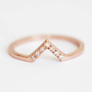 Dainty Gold Wedding Ring, Pave Diamond Chevron Ring, Curved V shaped Wedding Band with Diamonds image 1