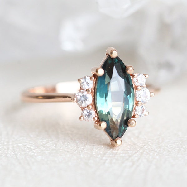 Green Blue Sapphire Engagement Ring with diamonds in 18k rose gold, Teal Marquise Sapphire Ring by Minimalvs