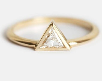 Yellow Gold Solitaire Diamond Engagement Ring, Triangle Diamond Ring, Trillion Ring, Modern Diamond Ring