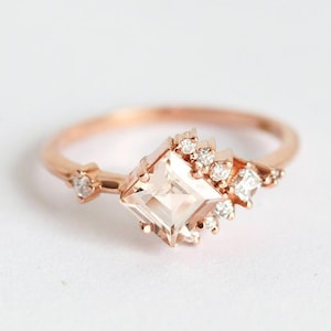 Pink Tourmaline Ring, Rose Gold Tourmaline Ring with Diamonds, Asymmetrical Cluster Ring, Pink Engagement Ring