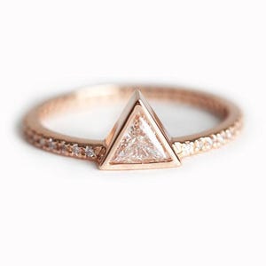 Rose Gold Diamond Engagement Ring, Triangle Diamond Ring Pave Diamond Band, Bezel Diamond Ring