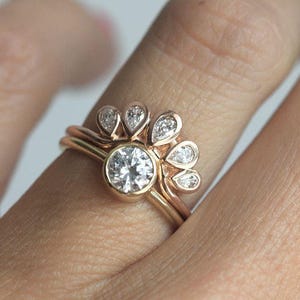 Solitaire Round Diamond ring with Curved Diamond Crown, Pear Diamond Band, Unique Diamond Engagement Set, Wedding Rign Set image 1