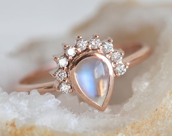 Moonstone Engagement Ring with Blue Pear Moonstone and Halo Diamonds in rose Gold,  Diamond Crown Ring