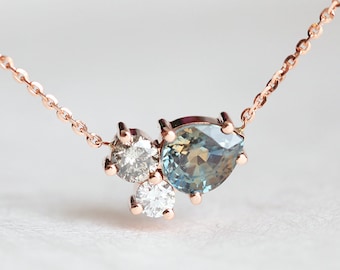 Bicolor Sapphire Cluster Necklace, 14k or 18k Solid Rose Gold Dainty Chain with Two Diamonds & Pear Shaped Sapphire