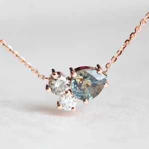 Bicolor Sapphire Cluster Necklace, 14k or 18k Solid Rose Gold Dainty Chain with Two Diamonds & Pear Shaped Sapphire