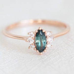 Teal Blue Sapphire Ring with Diamonds, Sapphire Diamond Ring Rose gold, Delicate Sapphire Ring