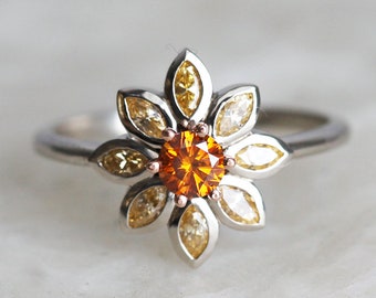 Floral Diamond Ring, Engagement Ring with Orange Diamond and diamond leaves, Petal Ring in white gold