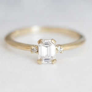 Diamond engagement ring, Emerald cut ring, Three stone ring, Simple gold ring, GIA diamond ring image 1