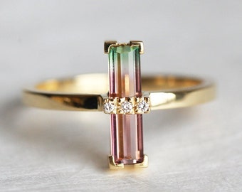 Watermelon tourmaline ring, Unique engagement ring, Bicolor art deco baguette ring