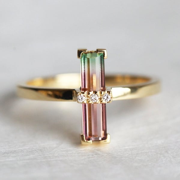 Watermelon tourmaline ring, Unique engagement ring, Bicolor art deco baguette ring