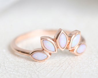 Marquise Opal Wedding Band, Natural Australian Opal Ring, Floral Opal Ring, Matching Band