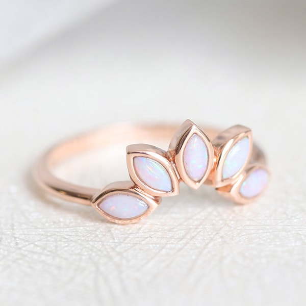 Marquise Opal Wedding Band, Natural Australian Opal Ring, Floral Opal Ring, Matching Band