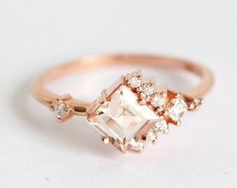 Cluster engagement ring, Morganite & diamond ring, Asymmetrical rose gold ring, Peach princess ring