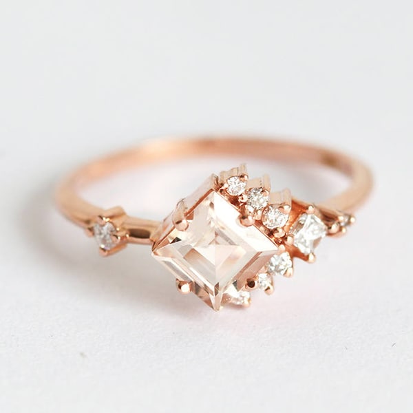 Cluster engagement ring, Morganite & diamond ring, Asymmetrical rose gold ring, Peach princess ring