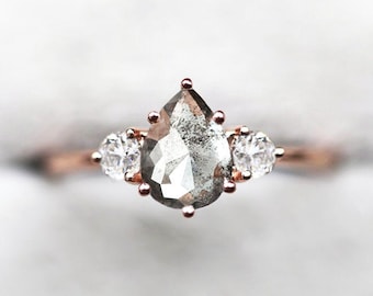 Pear salt pepper diamond engagement ring, Three diamond ring, Galaxy diamond ring, Unique wedding set