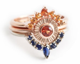 Sapphire engagement ring set, Sunset wedding set, Orange & blue gemstone rings