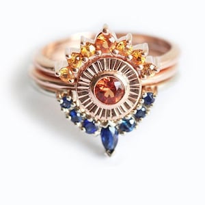 Sapphire wedding ring set, Sunset engagement set, Orange & blue sapphire set, Unique nature inspired set