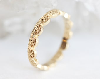 Filigree wedding band, Gold lace ring, Petite stacking band, Solid gold textured ring, Dainty ring