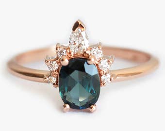 Oval Teal Sapphire Ring Rose Gold with Half Halo Diamond Crown, Sapphire Diamond Ring