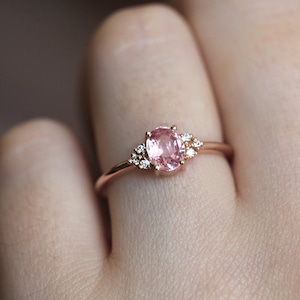 Delicate Rose Gold Peach Sapphire Ring, Pink Sapphire Diamond Ring, Rose Gold Engagement Ring image 1