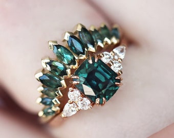 Teal sapphire ring set, Unique sapphire engagement set with cushion peacock sapphire