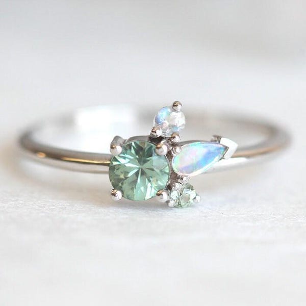Green Sapphire and Australian Opal cluster Ring