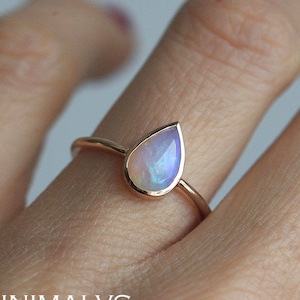 Rose Gold Fire Opal Ring, Australian Opal Solitaire Ring with Pear Cut Natural Opal