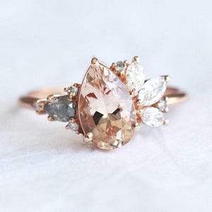 Pear morganite diamond cluster ring, Unique cluster engagement ring