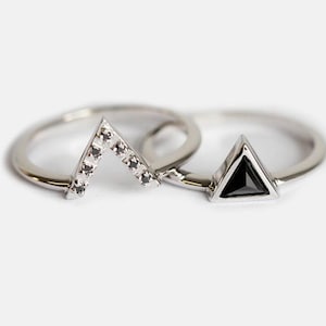 Black diamond ring set, Geometric engagement set, Bezel triangle wedding set, White gold ring set